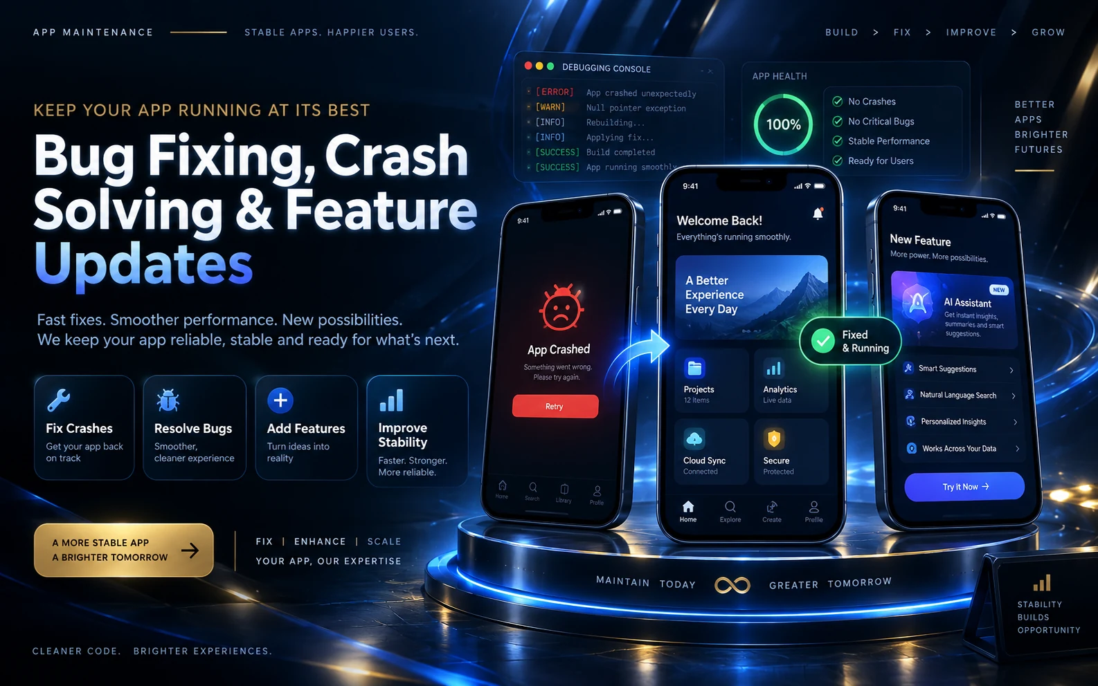 Bug fixing and app maintenance service visual